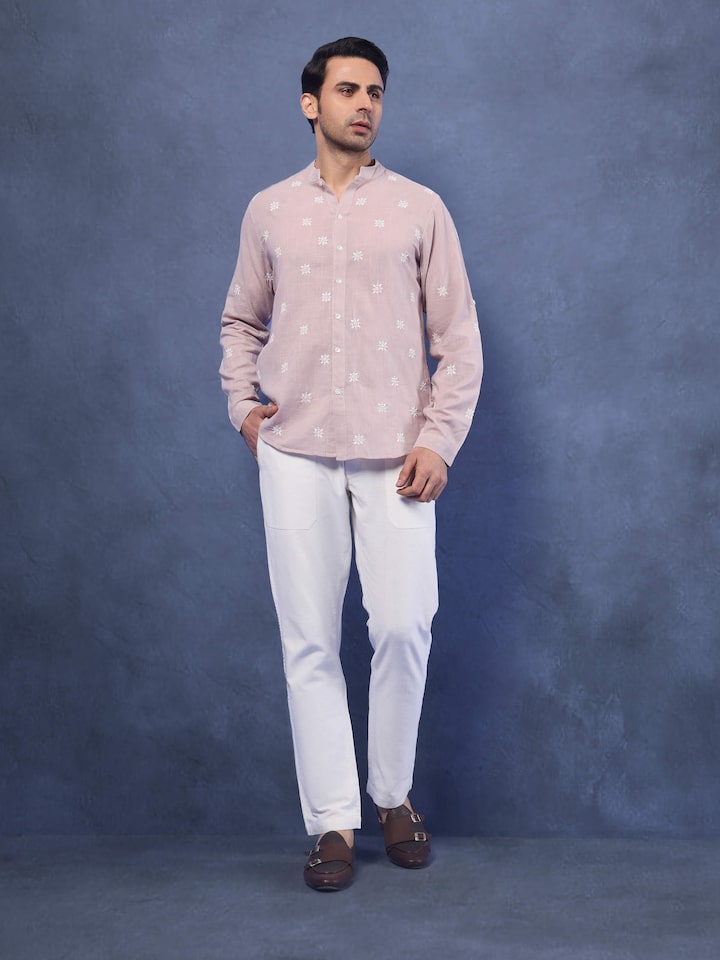 Side view of Grey Cotton Chikankari Shirt showcasing the elegant drape and fabric texture