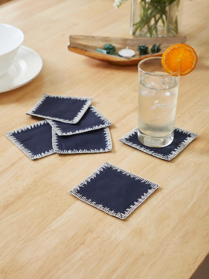 Parvat Indigo Edge Stitch Linen Cotton Hand Embroidered Coaster (6 Pcs)