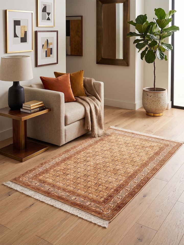 Front view of the Swadesh Traditional Persian Ivory Senneh Kashmir Silk Hand-Knotted Carpet
