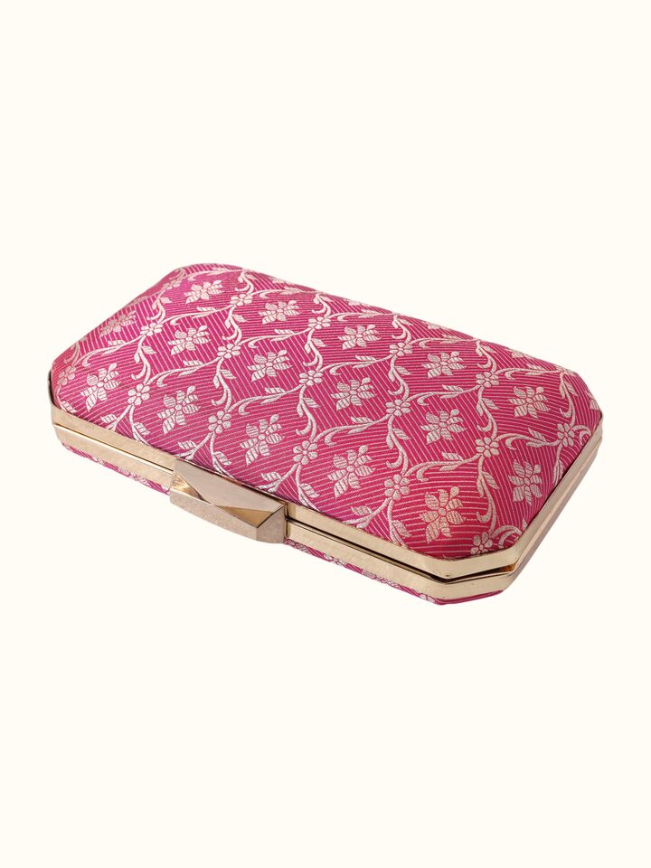 Close-up view of Pink Banarasi Silk Clutch highlighting the fabric weave and craftsmanship