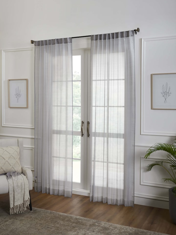 Pragya Grey Metallic Stripe Maheshwari Handloom Textured Sheer Curtain (9 Ft)