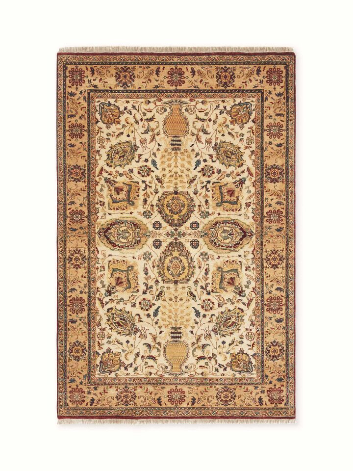 Traditional gold Jaipur Ziegler wool hand-knotted rug with intricate pattern front view