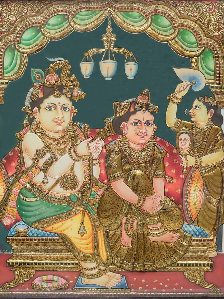 Detailed view of the Jadai Pinnal Krishna Thanjavur Painting
