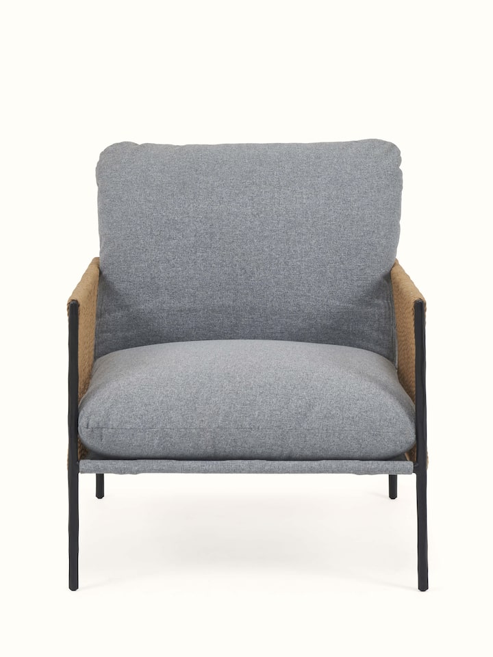 Front view of Upholstered Metal Paper Cord Weave Armchair with intricate paper cord weaving and durable metal frame.