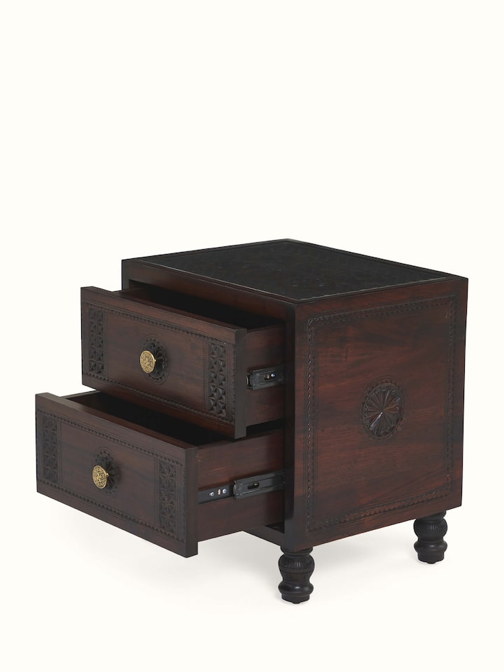 Angled view of Sheesham wood cabinet with woven cane panels – handcrafted Indian decor