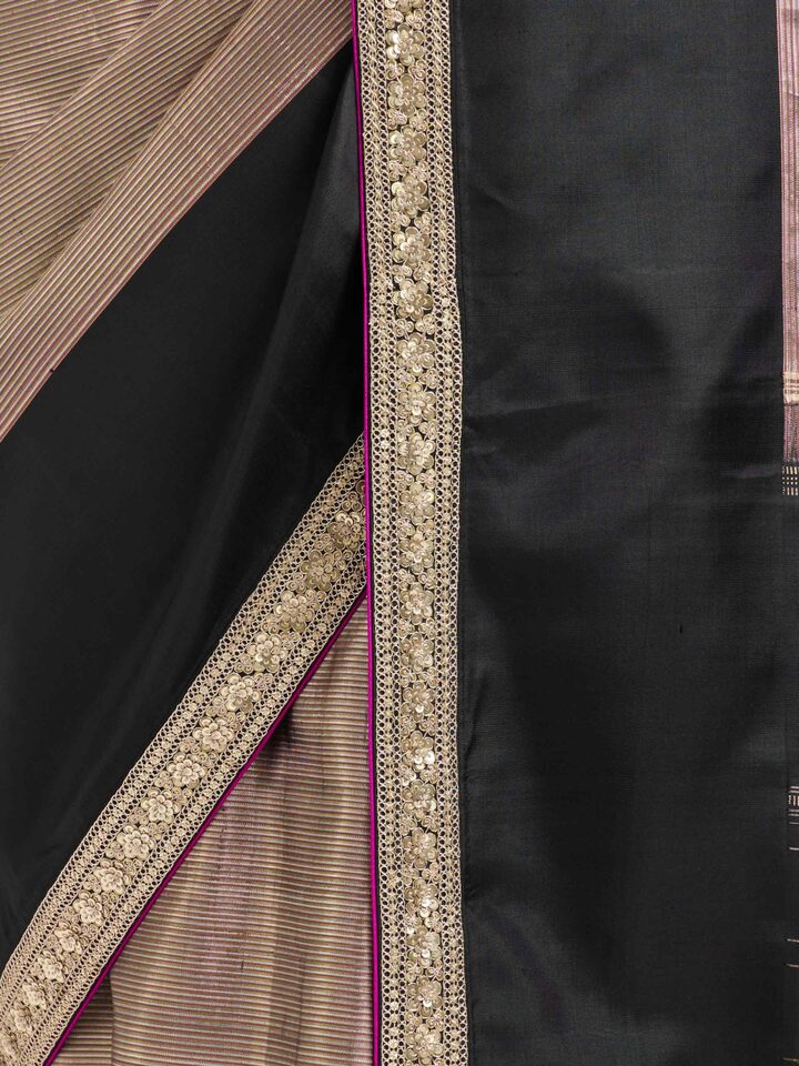 Detail view of Black Silk Kancheepuram Aari Embroidered Saree highlighting the intricate weave pattern