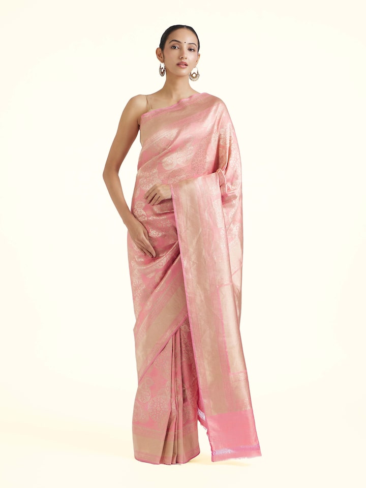 Front view of Peach Banarasi Brocade Silk Saree showcasing its traditional craftsmanship and design