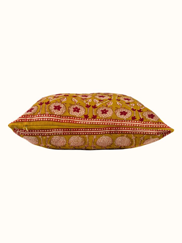 Top view of the Marigold Hand Block Dabu With Embroidery Floral Lumbar Cushion
