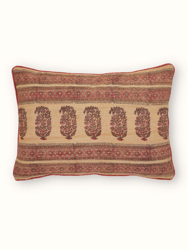 Vasudha Rust Paisley Tussar Silk Bagru Hand Block Print Cushion Cover
