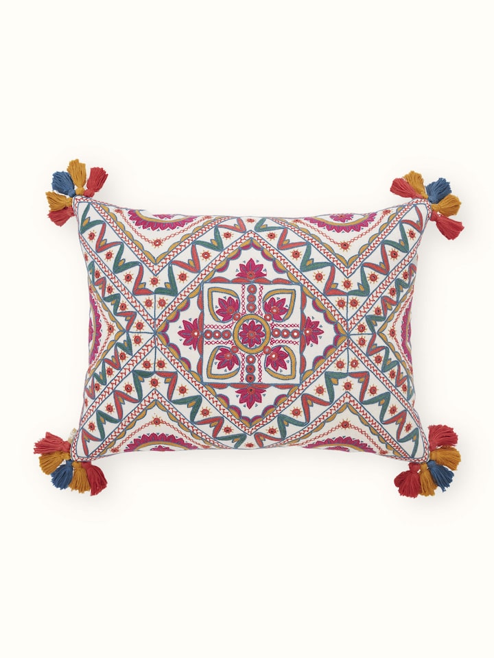 Varna Multicolor All-over Cotton Pakko Hand Embroidered Cushion Cover