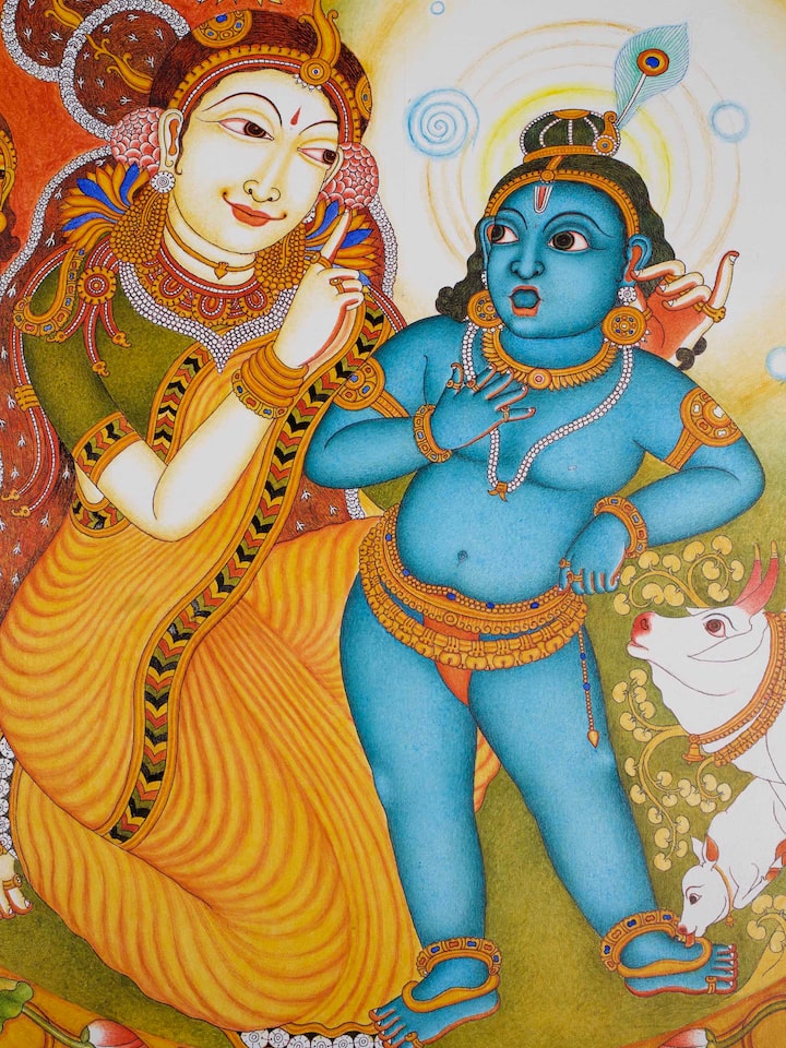 Detail view of Yashoda Krishna Kerala Mural Painting highlighting the intricate linework and detail