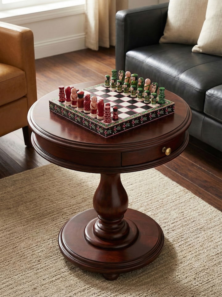 lifestyle view of ganjifa cedar wood chess set with handcrafted pieces