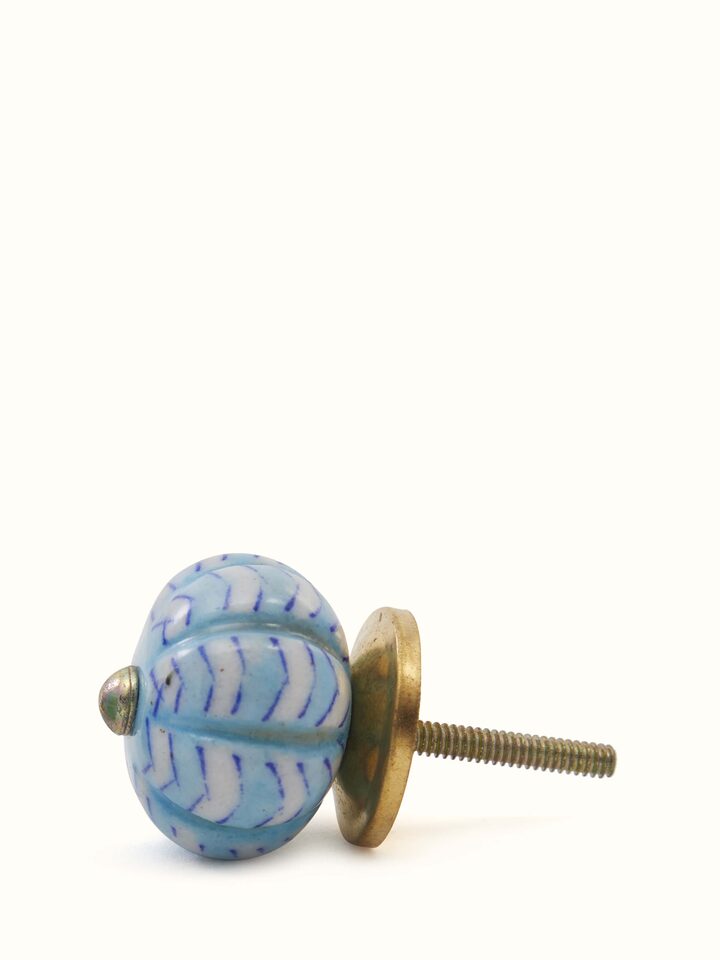 Artisan blue pottery round rib door knob set – perspective view