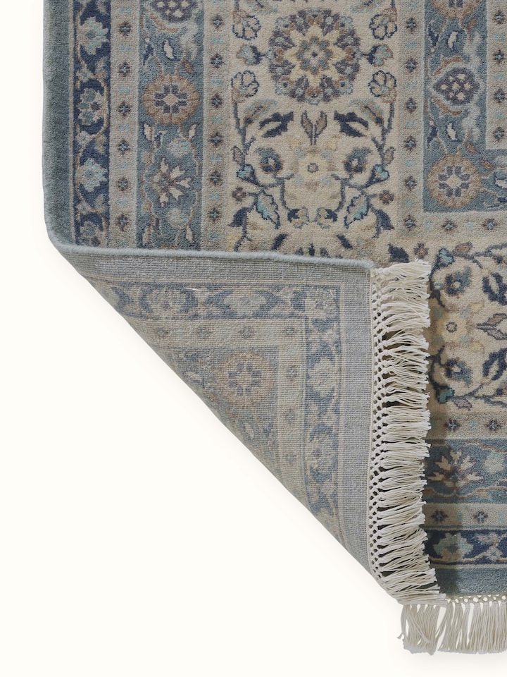 Back view highlighting dense knotting and quality finish of Bhadohi-made traditional rug