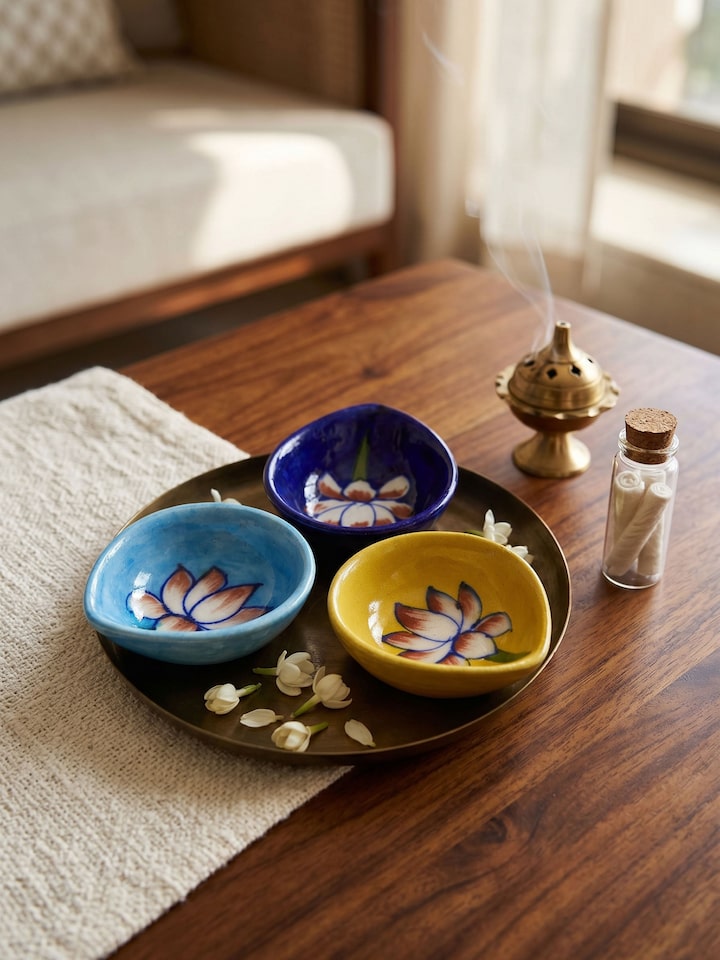 Blue Pottery Ceramic Diyas (3 Pcs)
