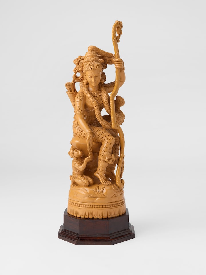 Front view of Wood Carved Rama Hanuman Idol showing the front design and form