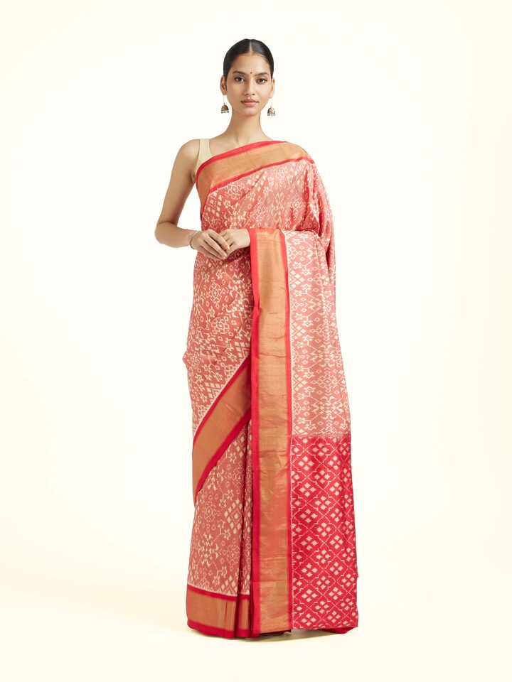 Front view of the Red Mulberry Silk Pochampally Ikat Handloom Saree