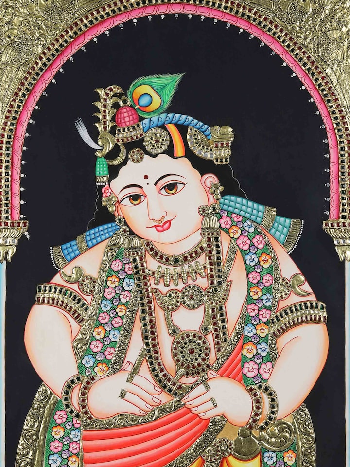 Close-up detail of the Vitobha Krishna Thanjavur Painting