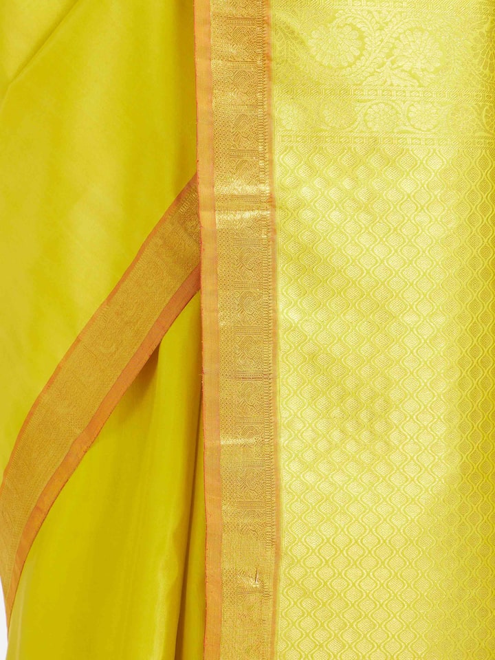 Detailed view of Mustard Silk Dharmavaram Saree focusing on the fine craftsmanship and texture
