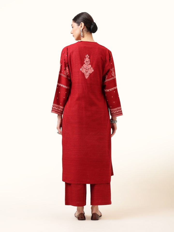 Maroon Silk Crewel Embroidered Kurta