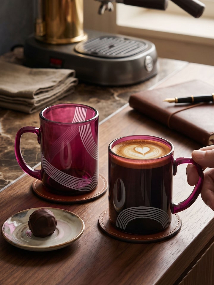 Side view of the Firozabadi Glass Coffee Mugs Magenta (2 Pcs)