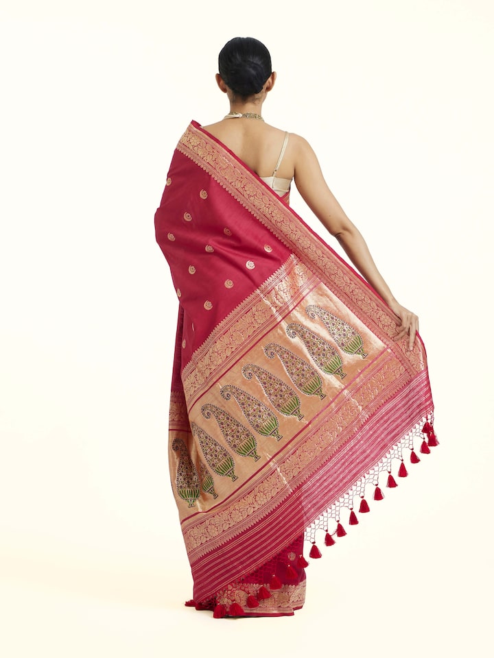 Back view of Pink Ashavali Brocade Silk Saree emphasizing the overall design and fine details