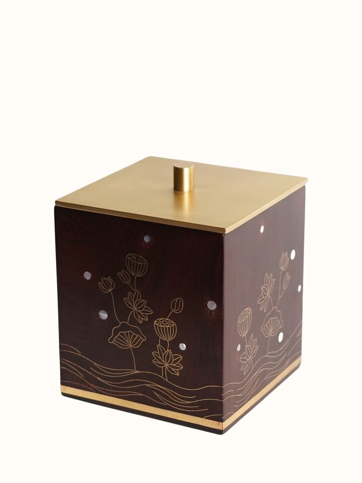 Side view of the Kamal Tarkashi Teak Wood Cotton Jar