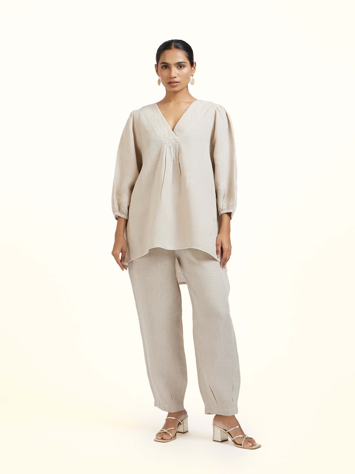 Front view of Natural Chikankari Linen Top showing the front silhouette and design
