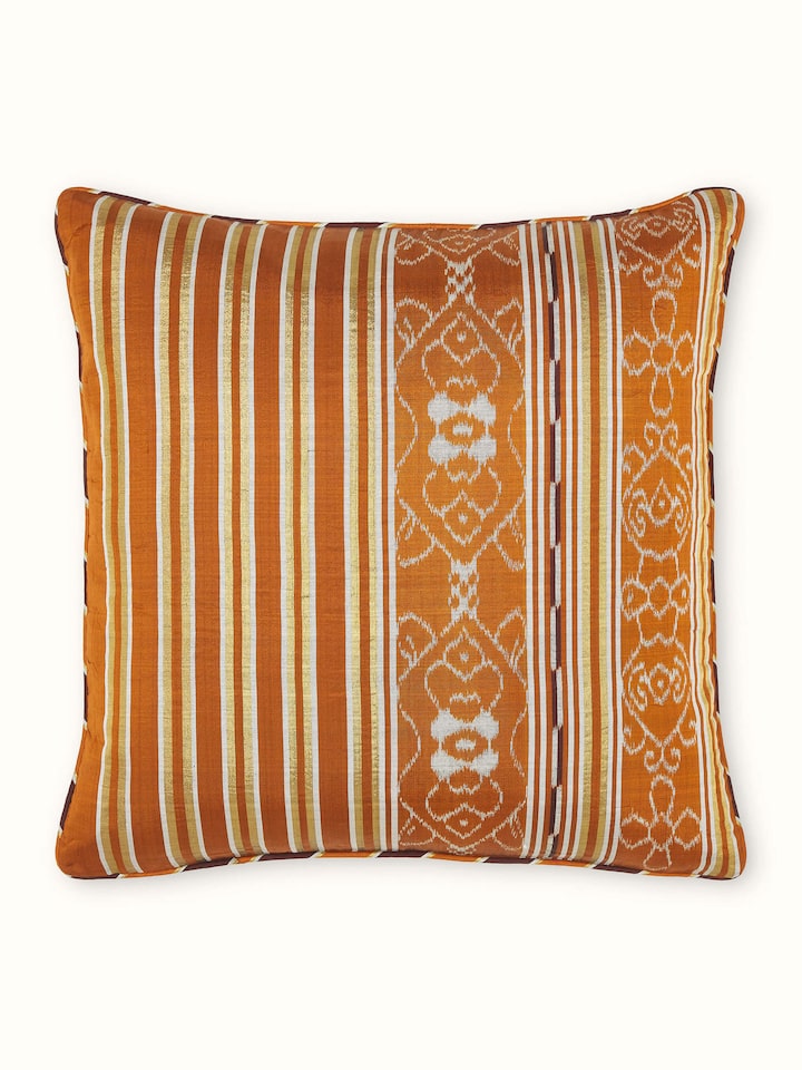Sanchaya Rust Allover Stripe Silk Odisha Ikat Handloom Cushion Cover