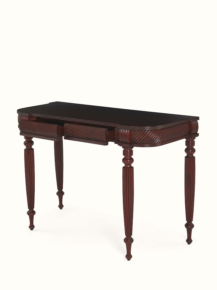 Angled view of Mahogany Wood Console Table from Swadesh, emphasizing its fine craftsmanship and smooth surface for functional decor.