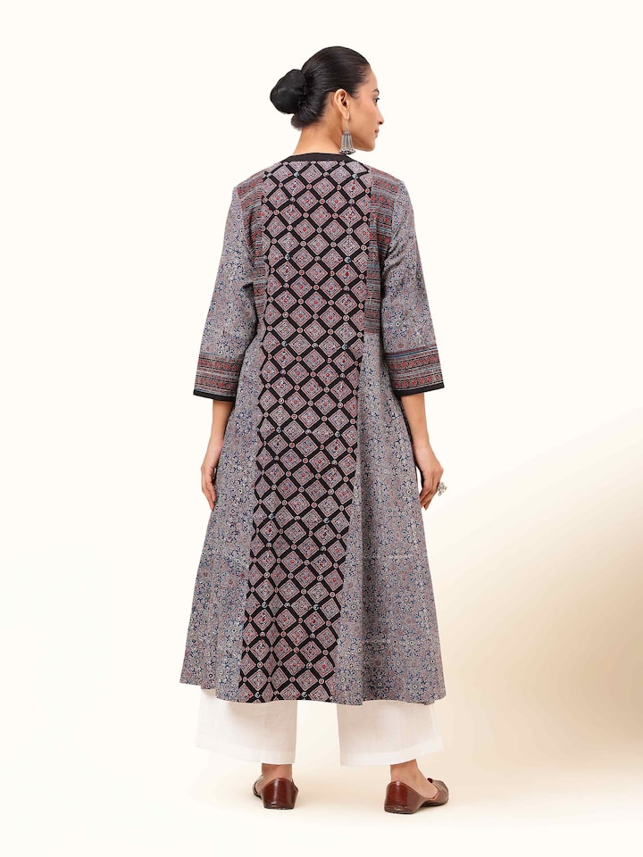 Back view of Black Cotton Ajrakh Block Printed Flared Kurta showing flare and print design