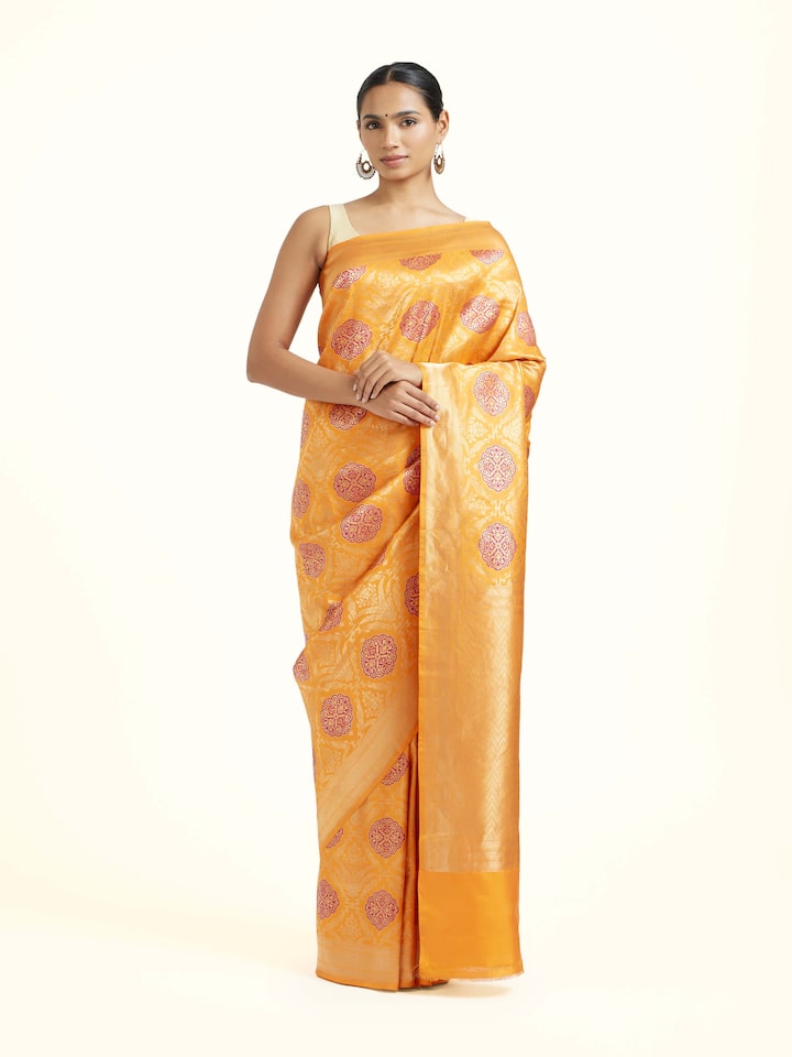 Orange Silk Banarasi Brocade Saree