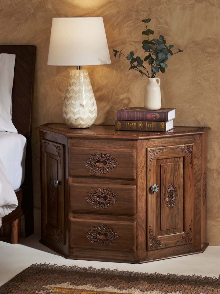 Side view of Natural Finish Carved Walnut Wood Sideboard with 3 drawers, emphasizing the elegant carving and walnut wood finish.