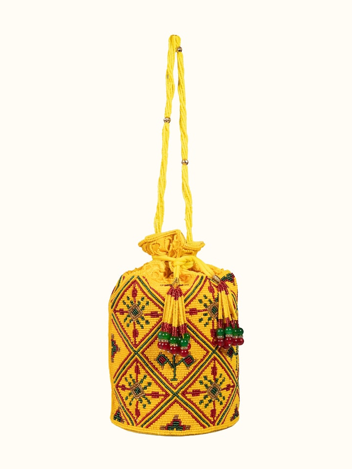 Front view of Beadwork Yellow Potli Bag showing the front design and silhouette