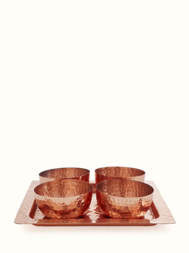 Front view of Copper Condiment Container Set (4 Pcs) by Swadesh showcasing the polished finish and elegant design.