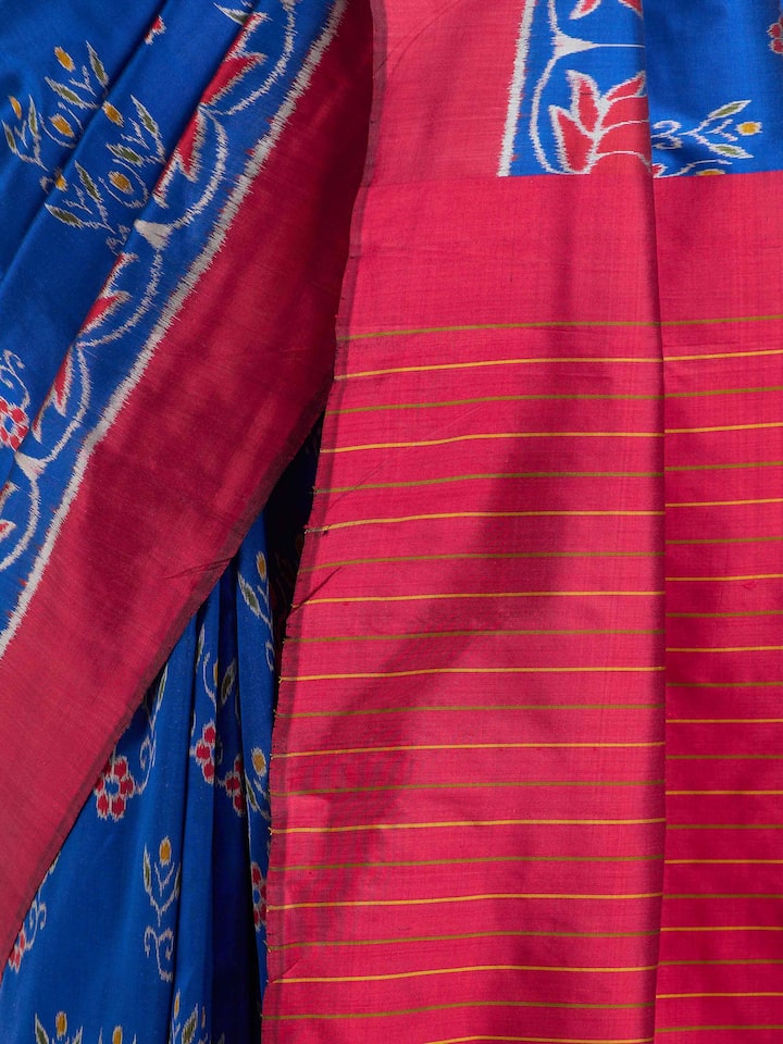 Detail view of blue mulberry silk bandha Odisha ikat saree showcasing craftsmanship
