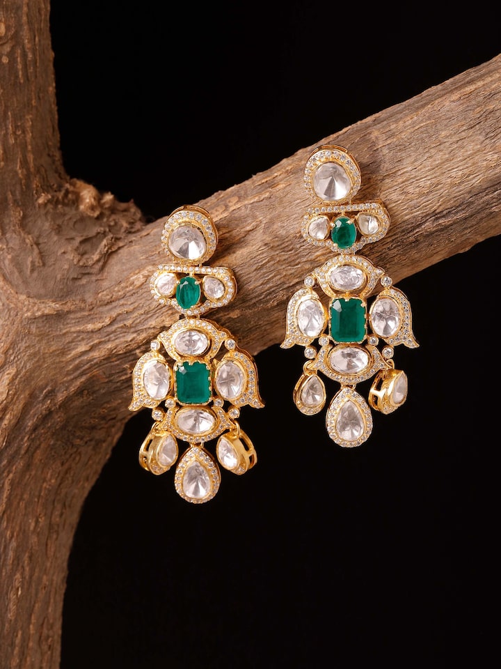 Lifestyle view of Dank Polki silver drop earrings