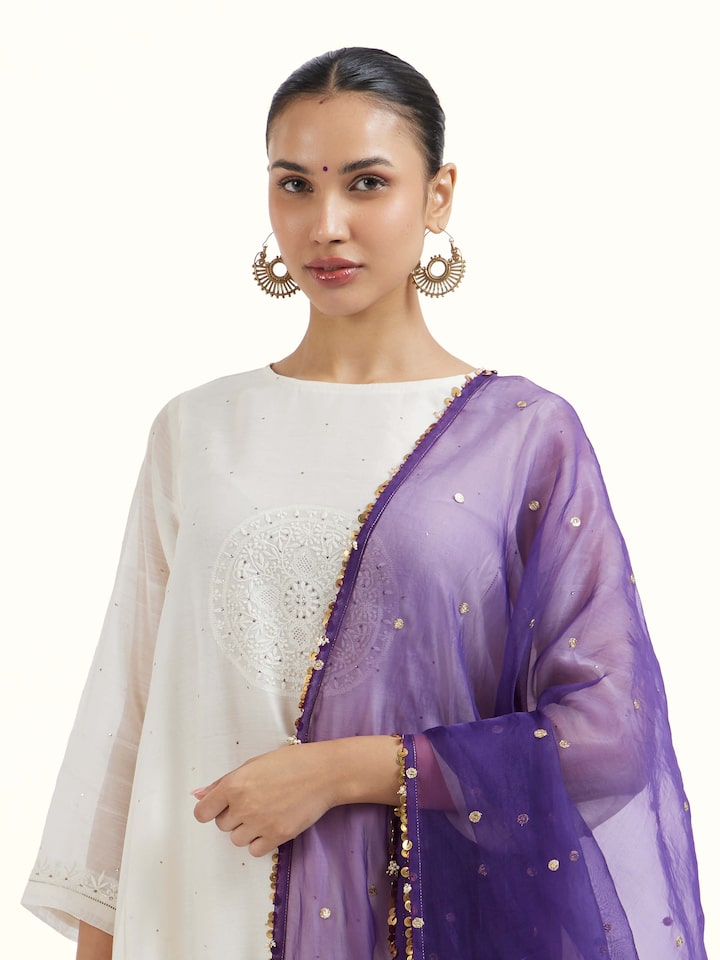 Angled view of Purple Hand Embroidered Dupatta revealing the depth of its color and intricate pattern