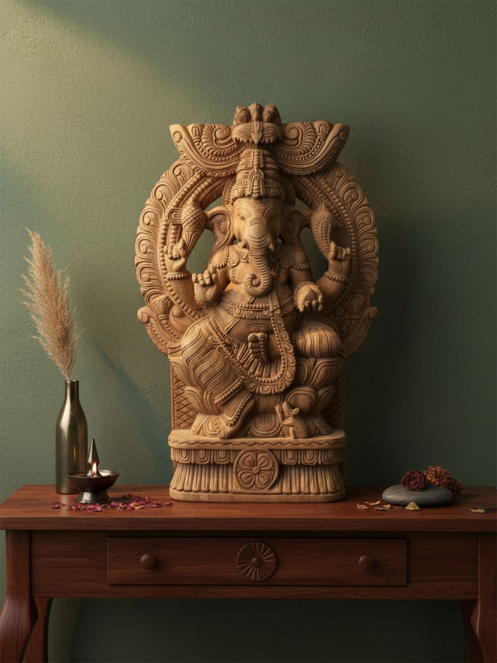 lifestyle view of umaputra carved neem wood sitting ganesh ji idol