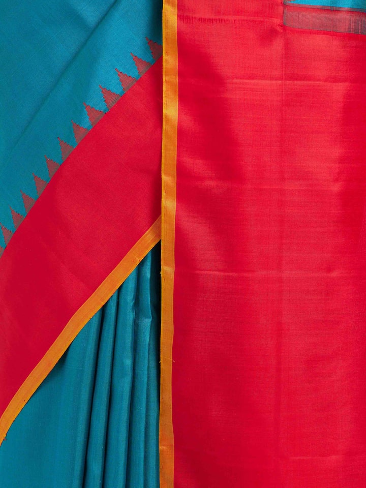 Draped detail view of the Blue Mulberry Silk Gadwal Handloom Zari Saree