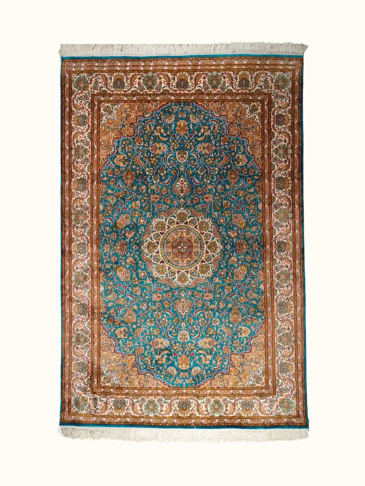 Traditional Persian Blue Kashan Kashmir Silk Hand-Knotted Carpet