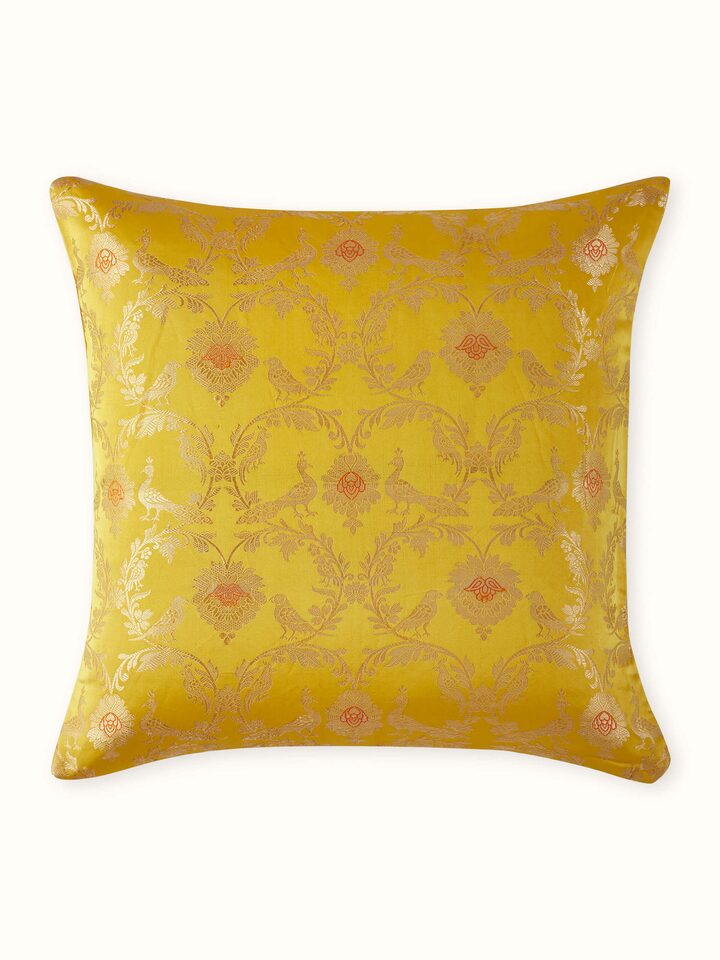 Awadh Yellow Jaal Banarasi Handloom Silk Cushion Cover