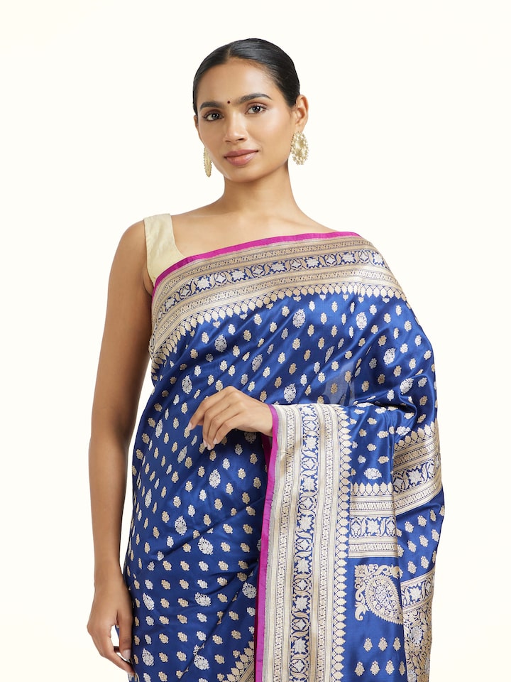 Draped detail view of the Blue Banarasi Handloom Kadhwa Saree