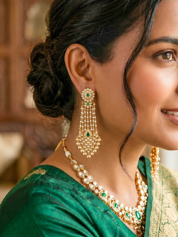 Styled view of Dank Polki Silver Drop Earrings worn on the ear, showing how it looks styled