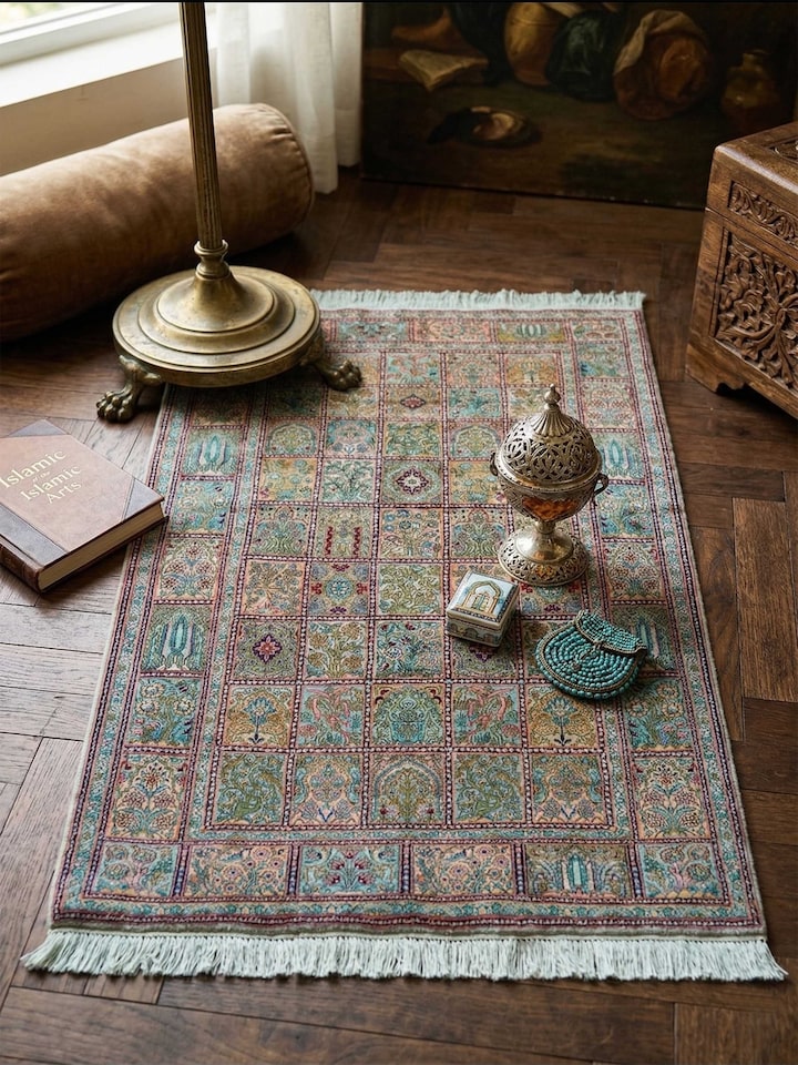 Lifestyle view of the Traditional Persian Green Dabdar Kashmir Silk Hand-Knotted Carpet