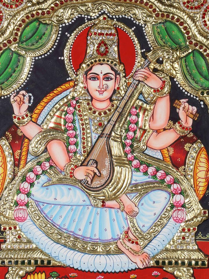 Detail view of the Sarswathi Thanjavur Painting