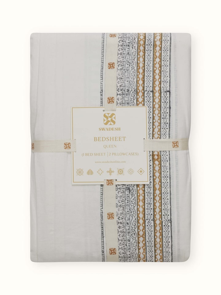 Orion Cotton Sanganeri Hand Block Print Stripe Queen-size Bedsheet Set