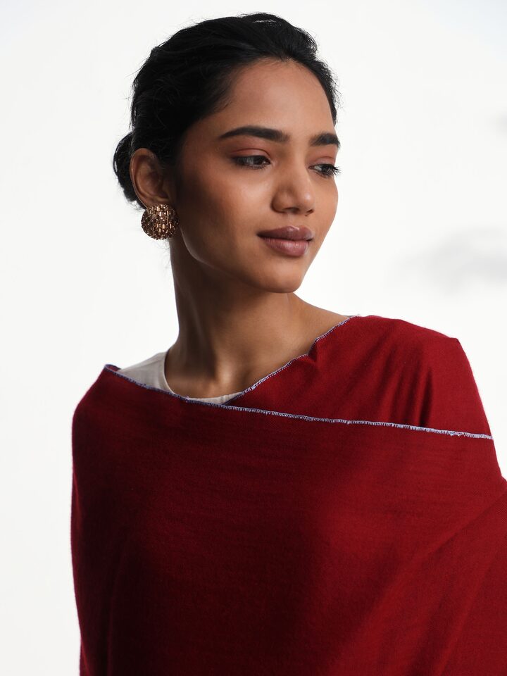 Detail view of maroon Pashmina kaaj embroidered handwoven stole showcasing embroidery craftsmanship