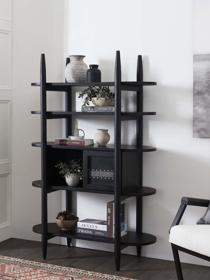 Front view of Mango Wood Bidri Bookshelf with intricate Bidriware metalwork and rich mango wood finish.