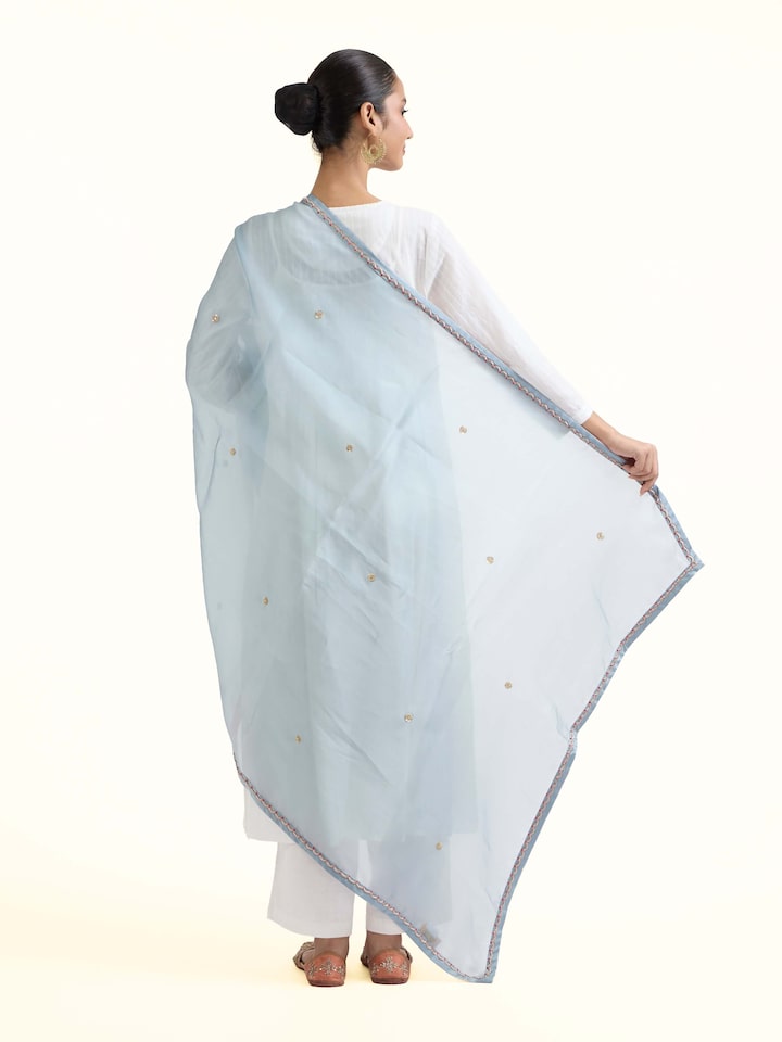 Back view of Powder Blue Zardozi Hand Embroidered Dupatta emphasizing the overall design and fine details